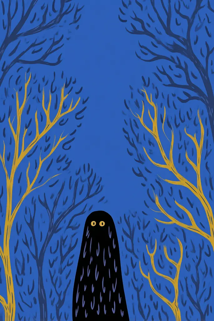 Midjourney generated image using SREF code Cheesequake: A black bird standing in the middle of a forest.