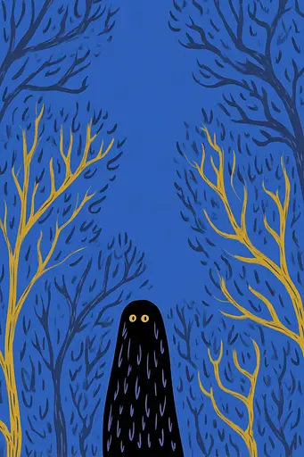 Midjourney generated image using SREF code Cheesequake: A black bird standing in the middle of a forest.