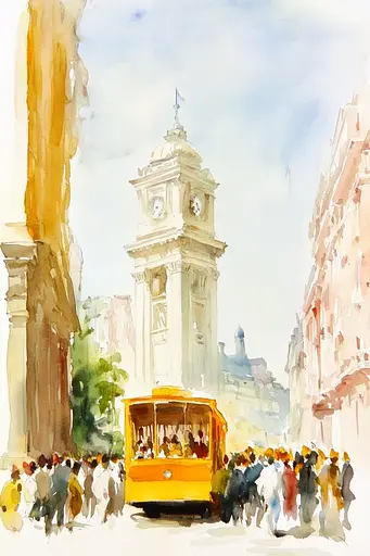 Midjourney generated image using SREF code Elysian Hues: A watercolor painting of a yellow trolley in front of a clock tower.