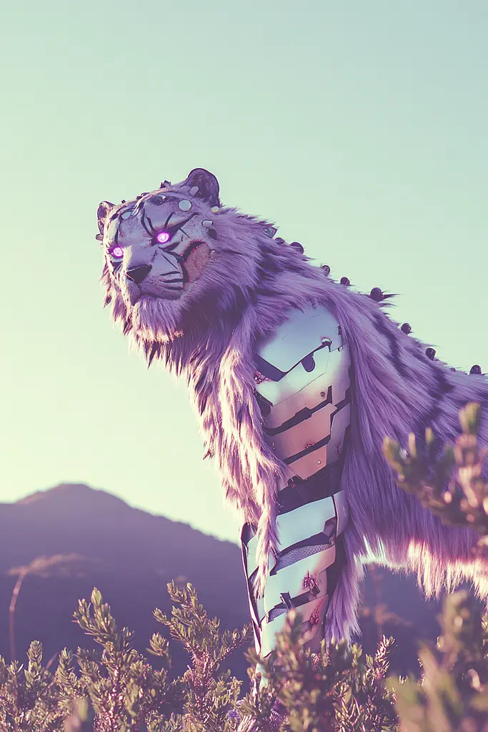 Midjourney generated image using SREF code Glintstorm: A white tiger standing on top of a lush green field.