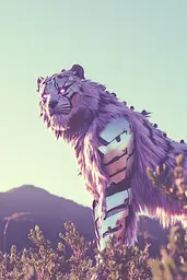 Midjourney generated image using SREF code Glintstorm: A white tiger standing on top of a lush green field.