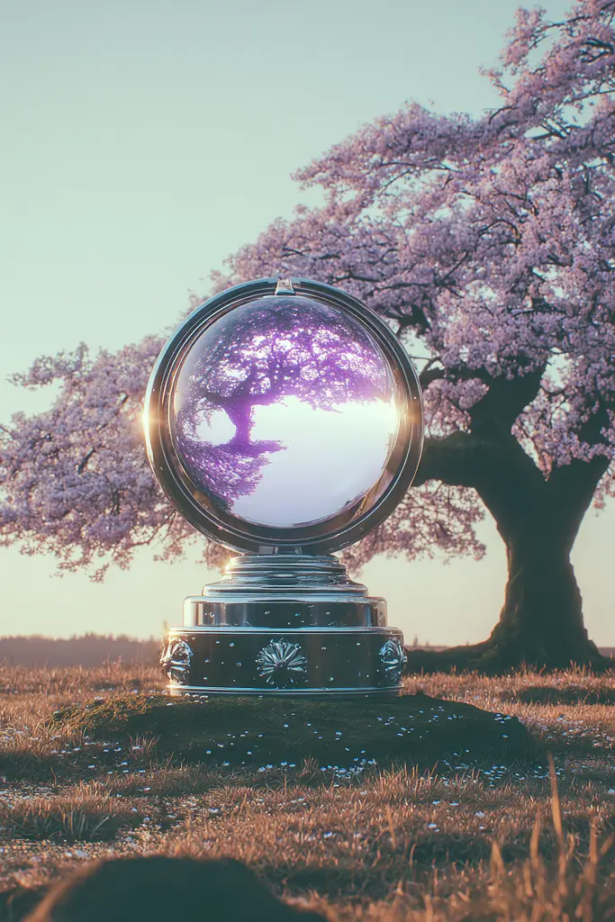 Midjourney generated image using SREF code Glintstorm: A crystal ball sitting on top of a grass covered field.