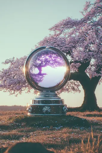 Midjourney generated image using SREF code Glintstorm: A crystal ball sitting on top of a grass covered field.