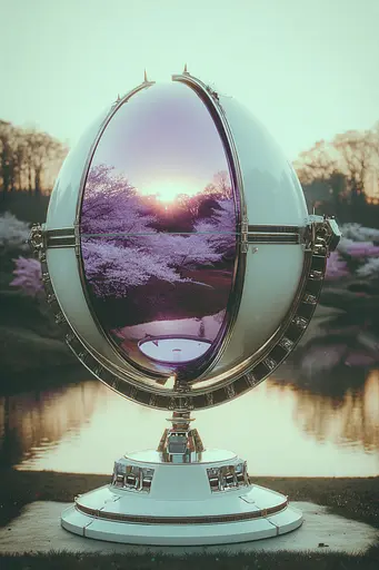 Midjourney generated image using SREF code Glintstorm: A large mirror sitting on top of a pedestal next to a lake.