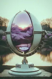 Midjourney generated image using SREF code Glintstorm: A large mirror sitting on top of a pedestal next to a lake.