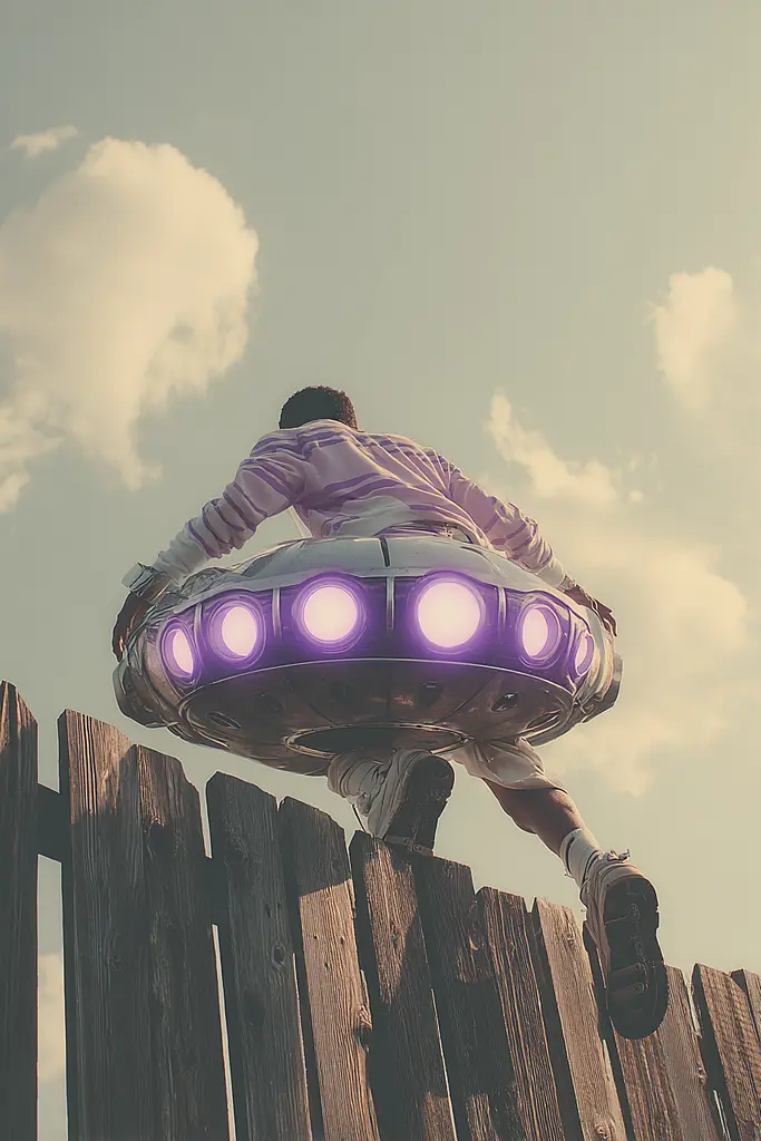 Midjourney generated image using SREF code Glintstorm: A man riding a flying saucer over a wooden fence.