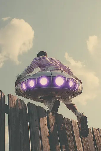 Midjourney generated image using SREF code Glintstorm: A man riding a flying saucer over a wooden fence.