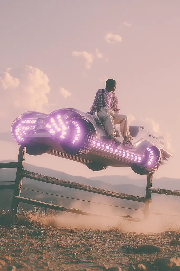 Midjourney generated image using SREF code Glintstorm: A man sitting on top of a car on a wooden fence.