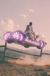 Midjourney generated image using SREF code Glintstorm: A man sitting on top of a car on a wooden fence.