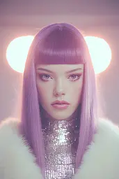 Midjourney generated image using SREF code Glintstorm: A woman with long purple hair wearing a fur coat.