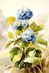 Midjourney generated image using SREF code Elysian Hues: A watercolor painting of blue hydrangeas in a vase.