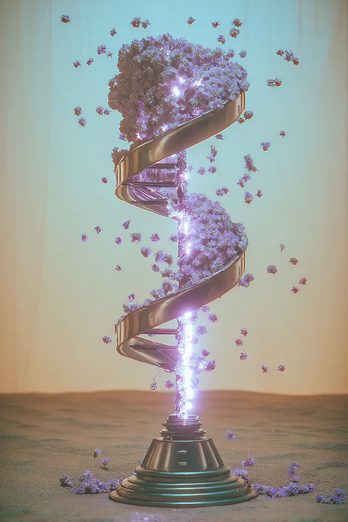 Midjourney generated image using SREF code Glintstorm: A spiral of purple flowers floating in the air.