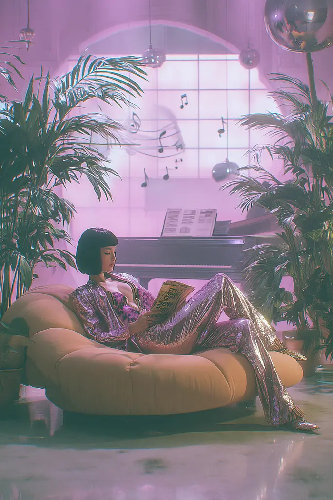 Midjourney generated image using SREF code Glintstorm: A woman sitting on a bean bag chair reading a book.
