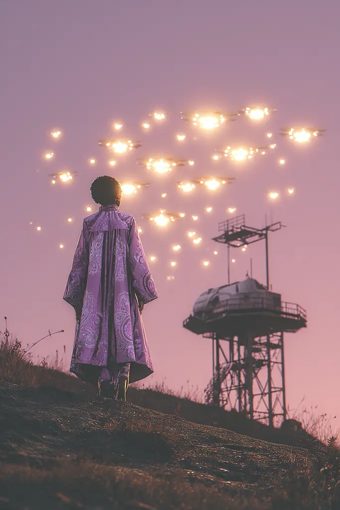 Midjourney generated image using SREF code Glintstorm: A person standing on top of a hill next to a tower.