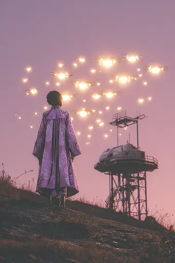 Midjourney generated image using SREF code Glintstorm: A person standing on top of a hill next to a tower.