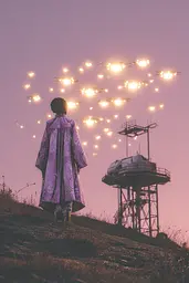 Midjourney generated image using SREF code Glintstorm: A person standing on top of a hill next to a tower.