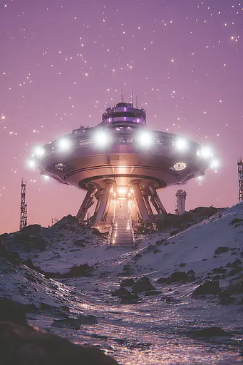 Midjourney generated image using SREF code Glintstorm: A ufo flying saucer sitting on top of a mountain.