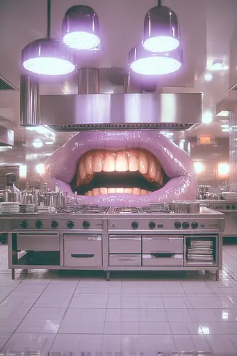 Midjourney generated image using SREF code Glintstorm: A kitchen with a large mouth in the middle of it.