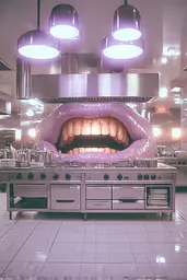 Midjourney generated image using SREF code Glintstorm: A kitchen with a large mouth in the middle of it.