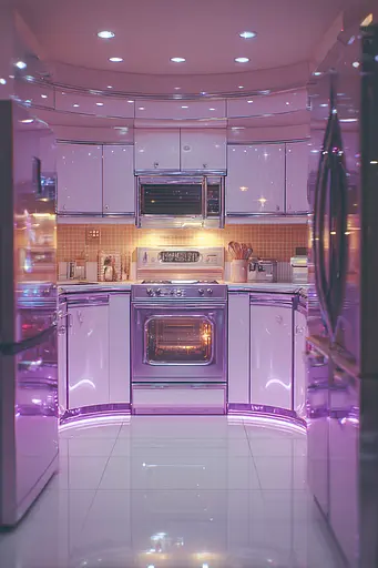 Midjourney generated image using SREF code Glintstorm: A kitchen with white cabinets and a stove top oven.