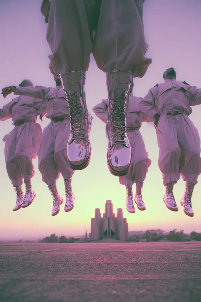 Midjourney generated image using SREF code Glintstorm: A group of people jumping in the air in front of a building.