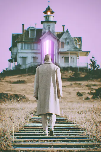 Midjourney generated image using SREF code Glintstorm: A man walking up a set of stairs in front of a large house.