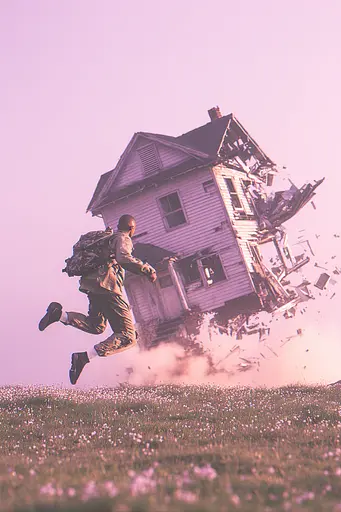 Midjourney generated image using SREF code Glintstorm: A man jumping in the air in front of a house.