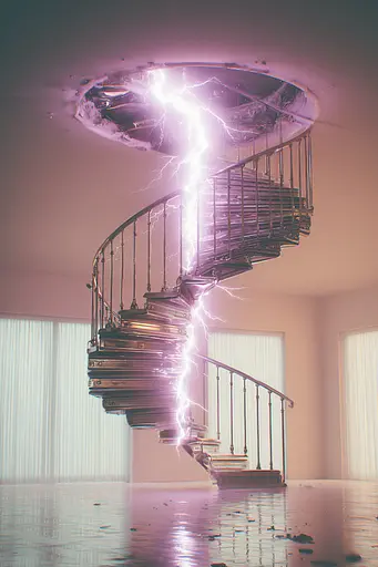 Midjourney generated image using SREF code Glintstorm: A spiral staircase with a lightning bolt coming out of it.