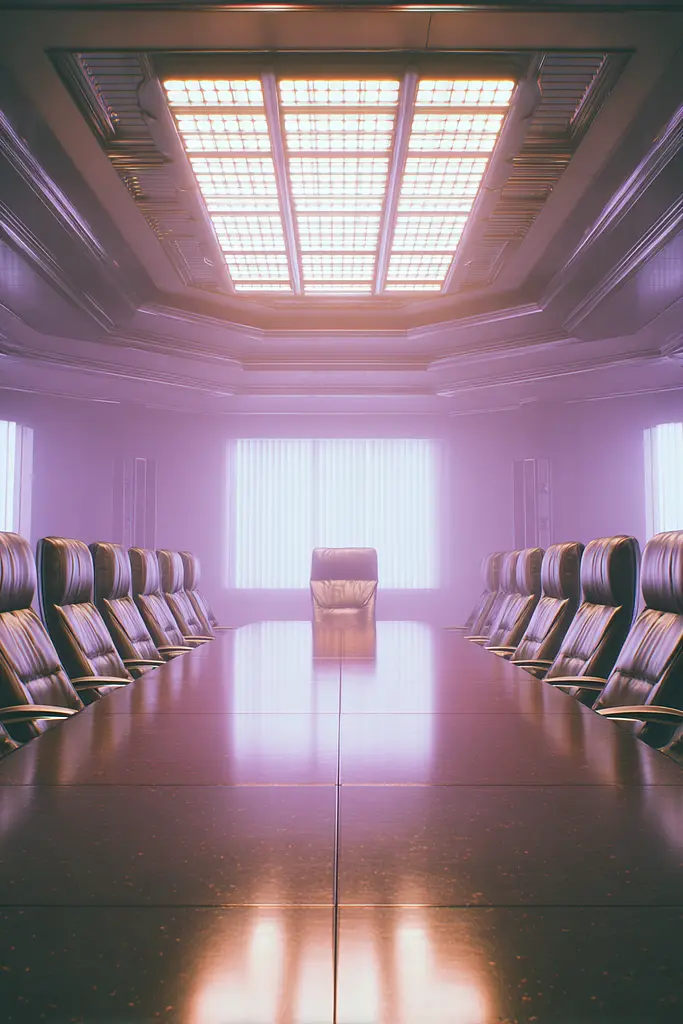 Midjourney generated image using SREF code Glintstorm: A conference room with a long table and chairs.