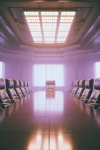 Midjourney generated image using SREF code Glintstorm: A conference room with a long table and chairs.
