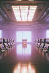 Midjourney generated image using SREF code Glintstorm: A conference room with a long table and chairs.