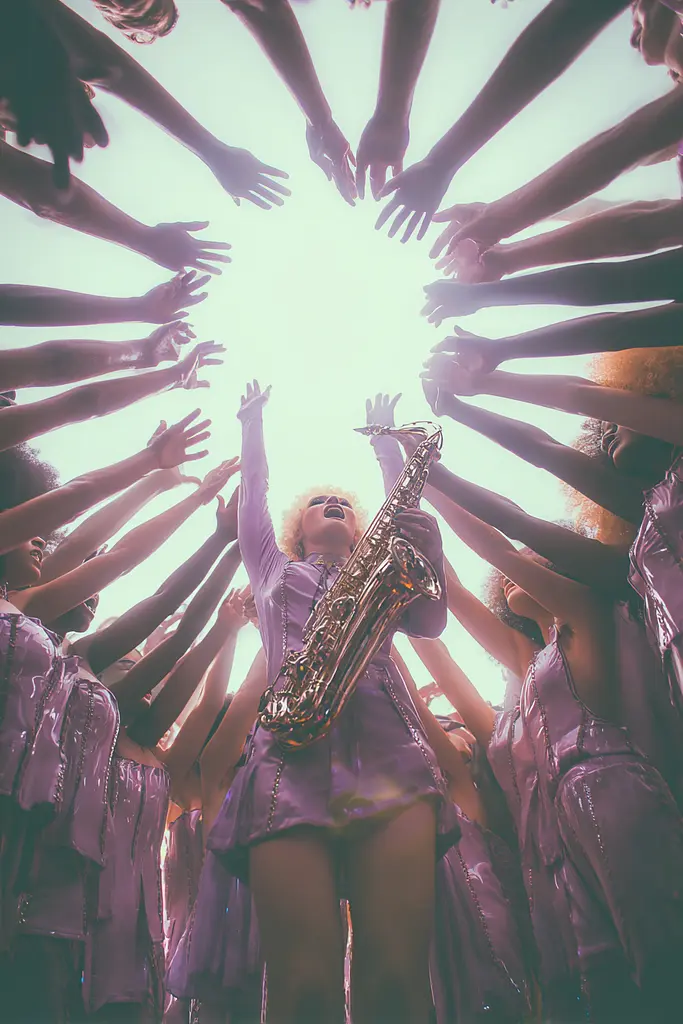 Midjourney generated image using SREF code Glintstorm: A woman holding a saxophone in front of a group of people.