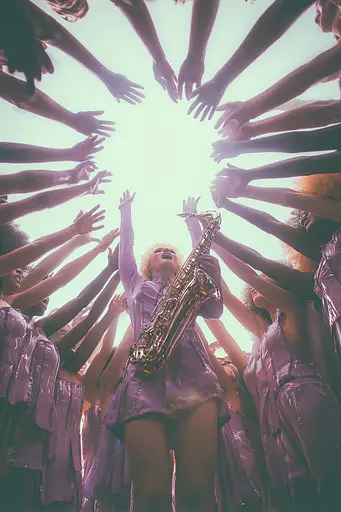 Midjourney generated image using SREF code Glintstorm: A woman holding a saxophone in front of a group of people.