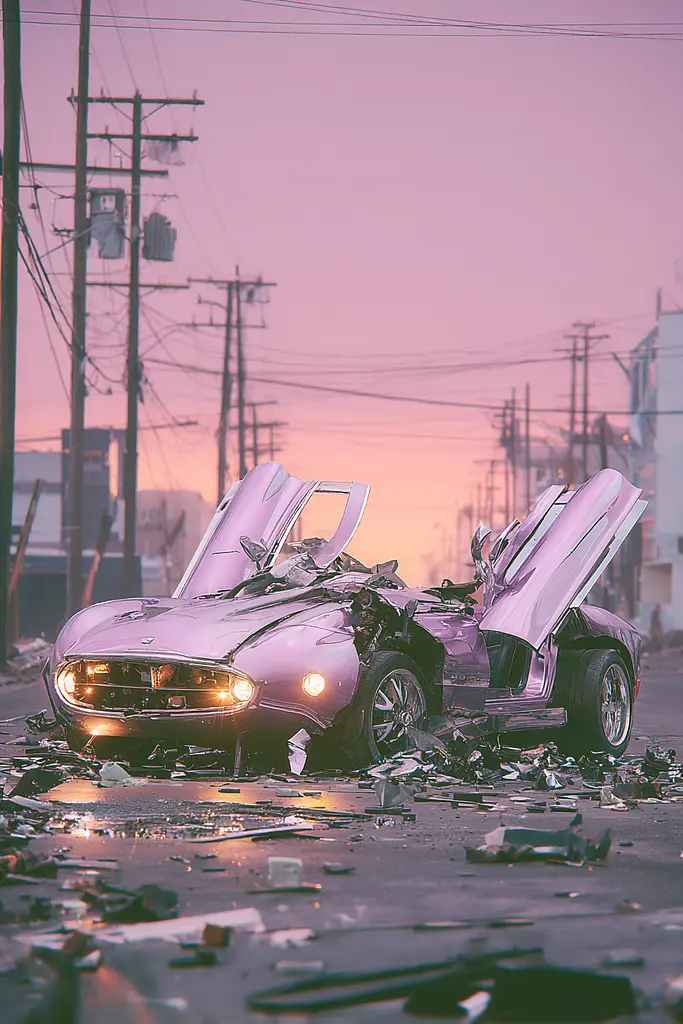 Midjourney generated image using SREF code Glintstorm: A car that is sitting in the middle of a street.