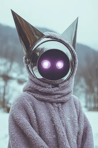 Midjourney generated image using SREF code Glintstorm: A person in a furry costume with purple eyes.