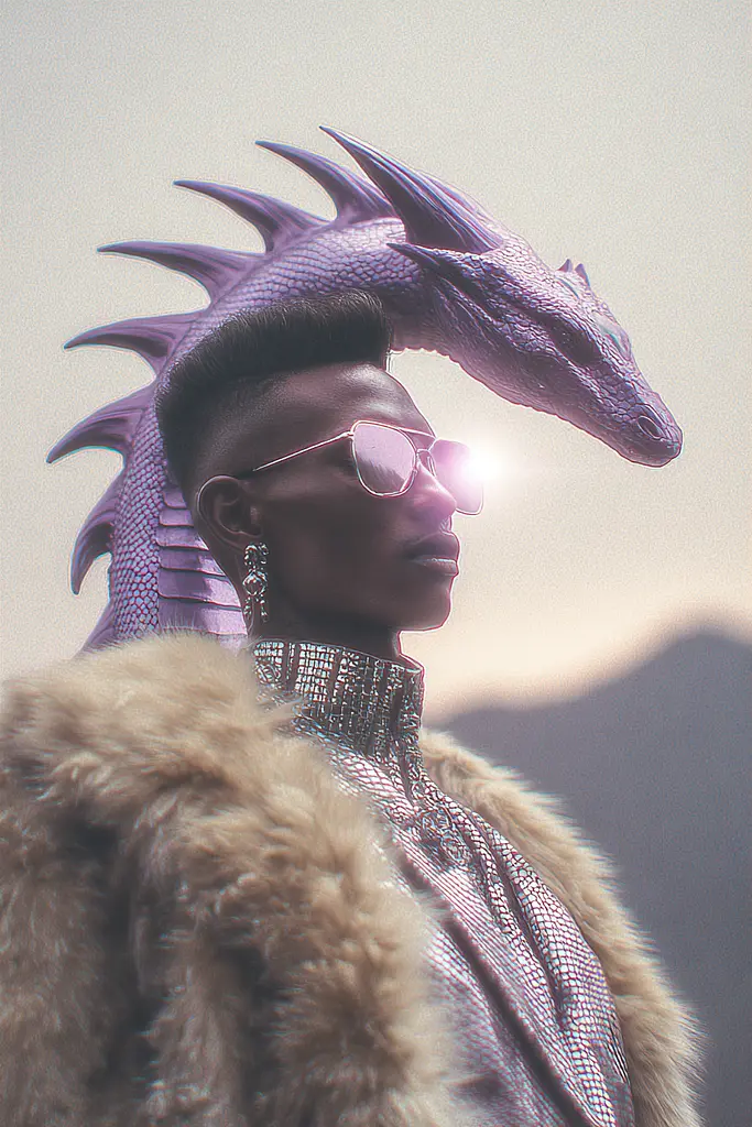 Midjourney generated image using SREF code Glintstorm: A woman wearing a purple dragon headpiece and a fur coat.