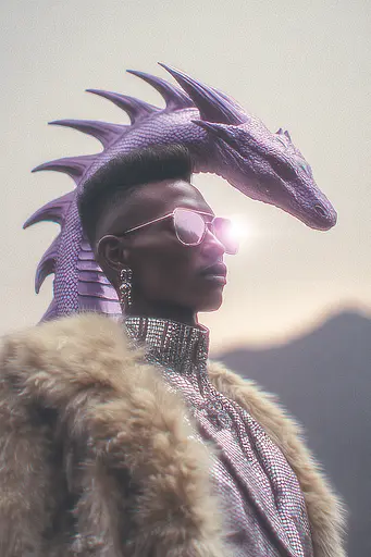Midjourney generated image using SREF code Glintstorm: A woman wearing a purple dragon headpiece and a fur coat.