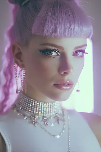 Midjourney generated image using SREF code Glintstorm: A woman with pink hair wearing a necklace and earrings.