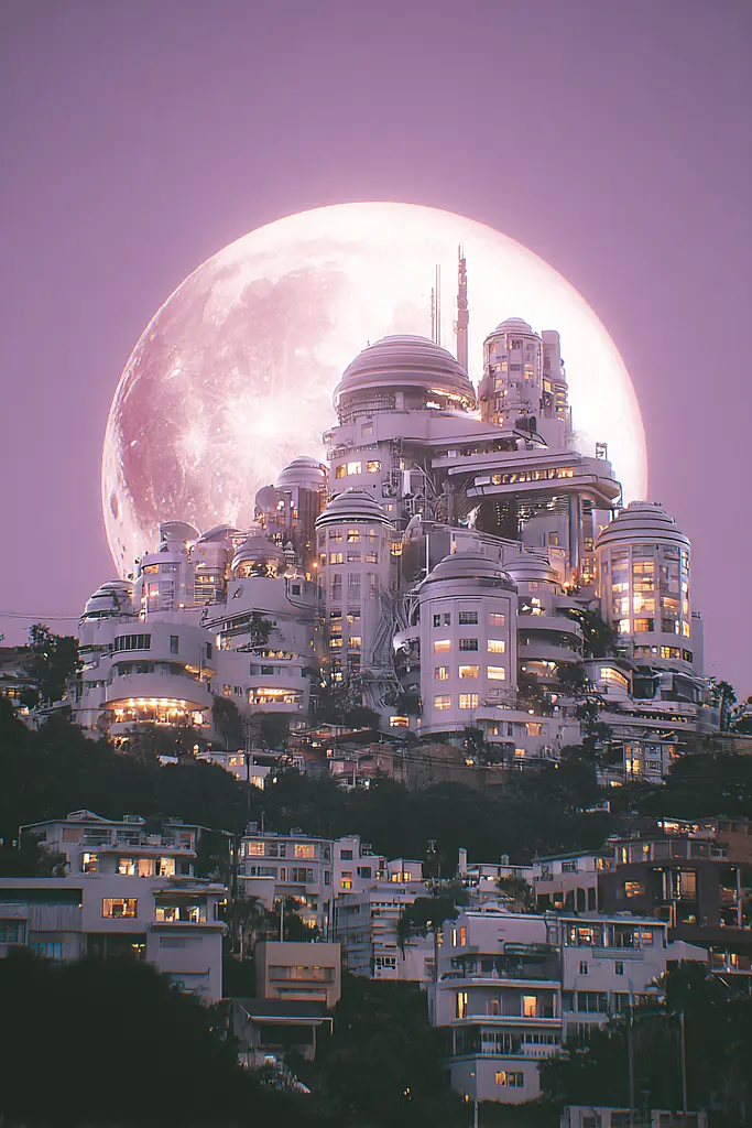 Midjourney generated image using SREF code Glintstorm: A full moon rises over a futuristic city on top of a hill.