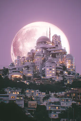 Midjourney generated image using SREF code Glintstorm: A full moon rises over a futuristic city on top of a hill.