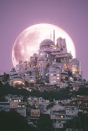 Midjourney generated image using SREF code Glintstorm: A full moon rises over a futuristic city on top of a hill.