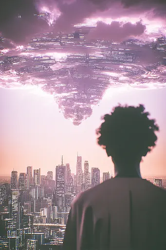 Midjourney generated image using SREF code Glintstorm: A person standing in front of a cityscape with a heart shaped cloud above them.