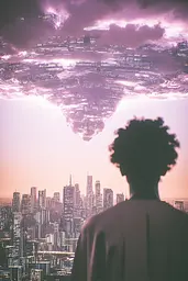 Midjourney generated image using SREF code Glintstorm: A person standing in front of a cityscape with a heart shaped cloud above them.