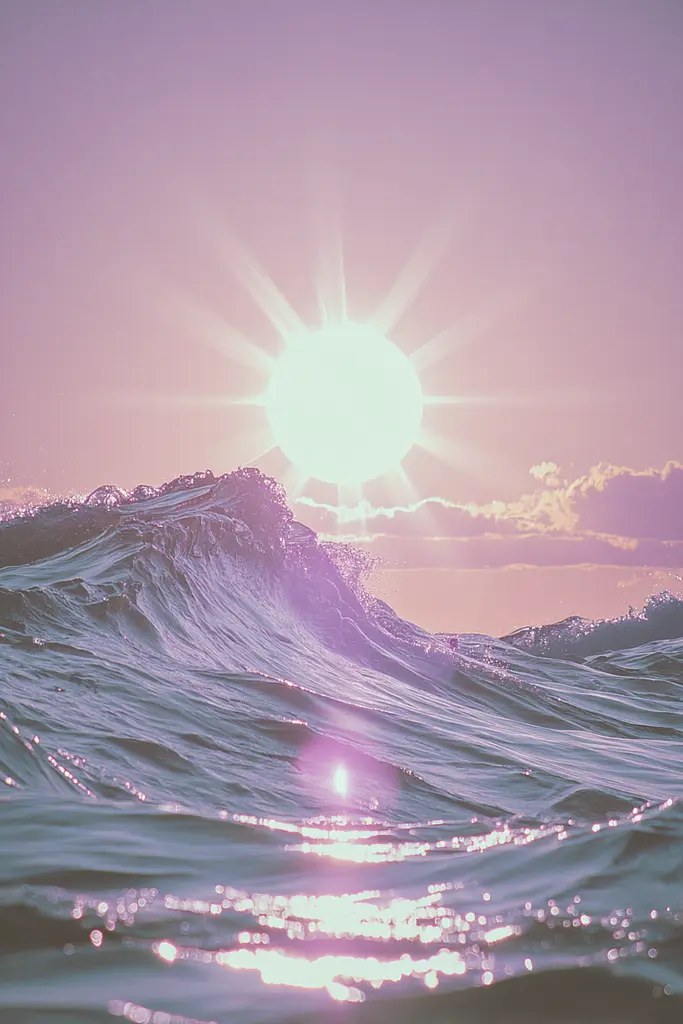 Midjourney generated image using SREF code Glintstorm: A picture of the sun setting over the ocean.
