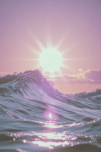 Midjourney generated image using SREF code Glintstorm: A picture of the sun setting over the ocean.