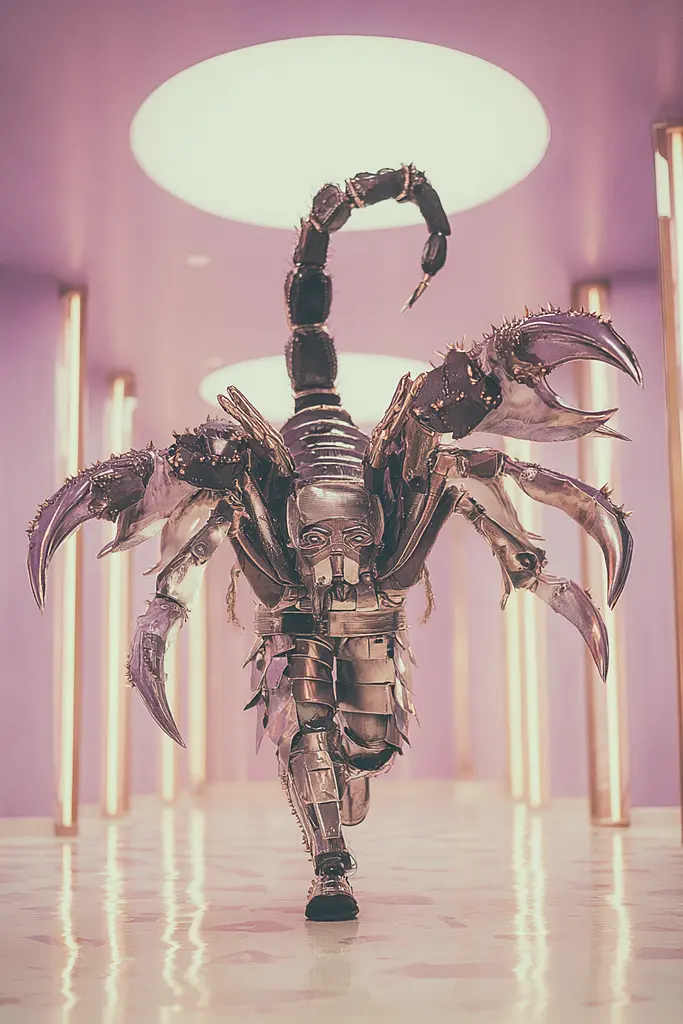 Midjourney generated image using SREF code Glintstorm: A man dressed as a scorpion walking down a hallway.