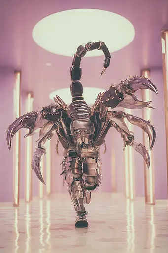 Midjourney generated image using SREF code Glintstorm: A man dressed as a scorpion walking down a hallway.