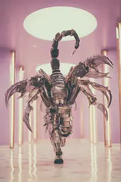 Midjourney generated image using SREF code Glintstorm: A man dressed as a scorpion walking down a hallway.