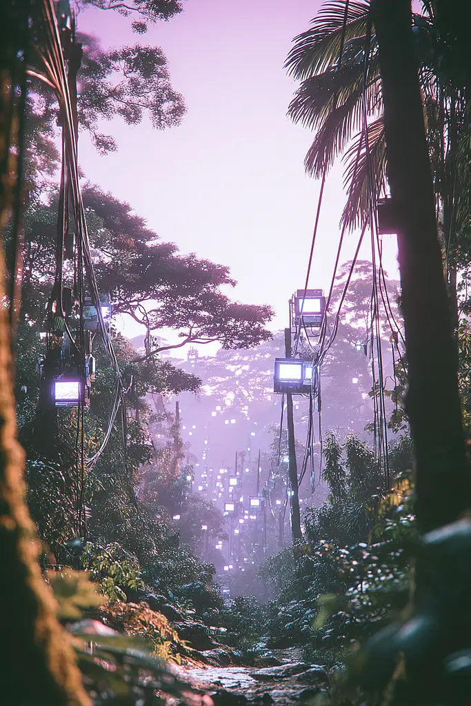 Midjourney generated image using SREF code Glintstorm: A view of a forest with a cable car going through it.