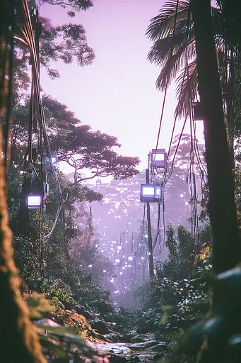 Midjourney generated image using SREF code Glintstorm: A view of a forest with a cable car going through it.